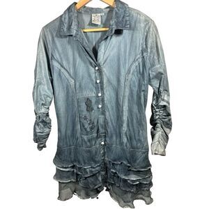 PARSLEY & SAGE Women's Cotton Embroidered Ruffle Button Down Shirt Blue Small